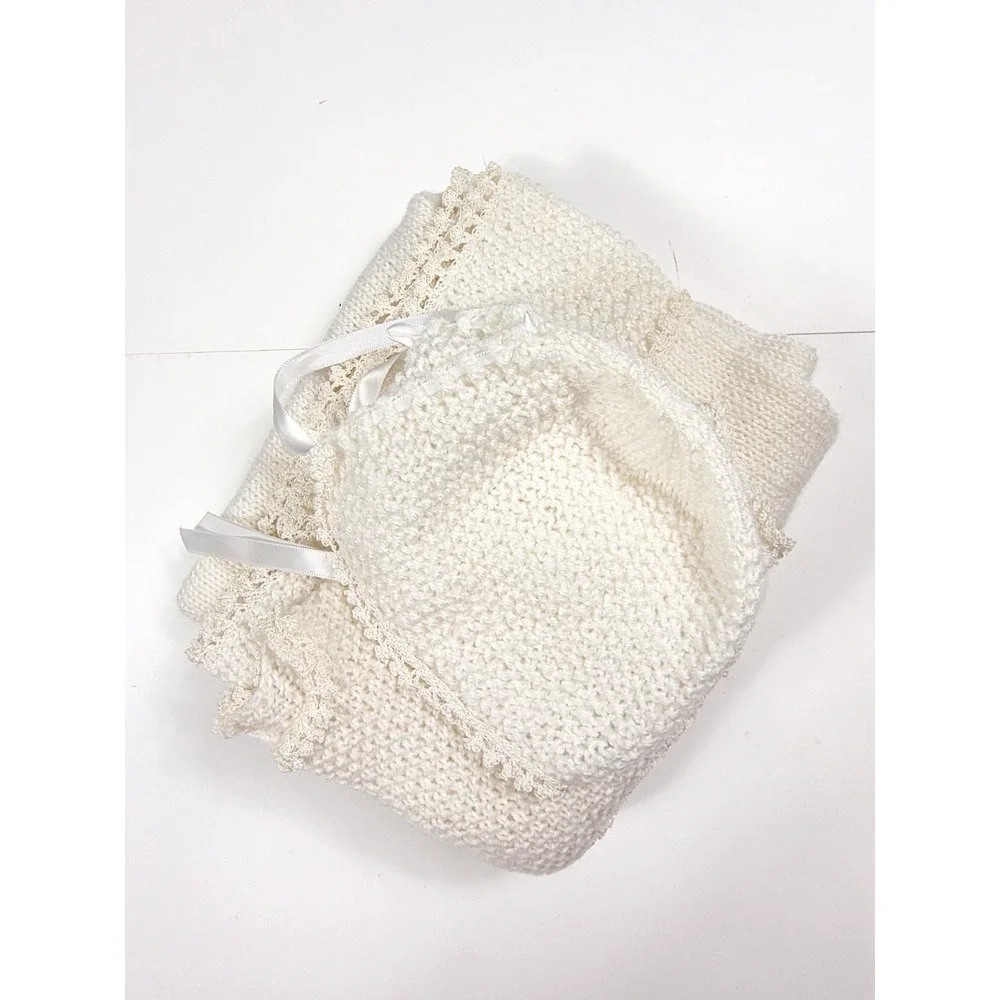 Artisan Crochet Lace Trim Christening Gown Dress w/ Bonnet‎ Baby Size 6-9 months